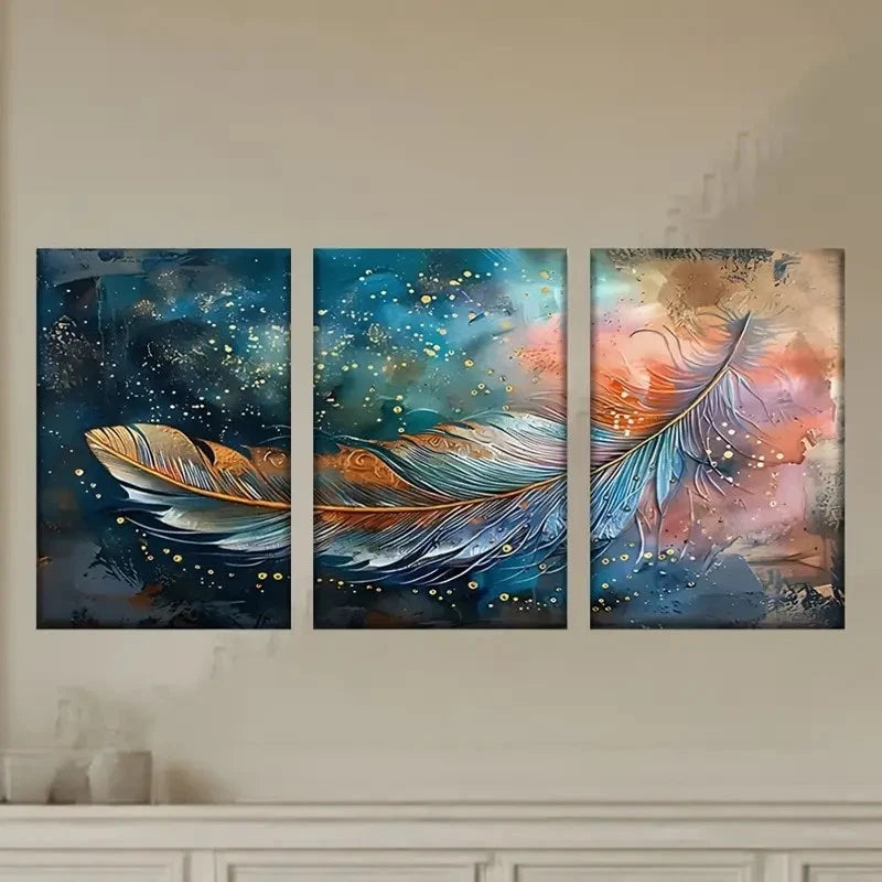 3pcs Painting of a Feather on a Blue Wall Art Set Canvas Framed 50x70cm - High Quality Print 100% Australian Made Wall Canvas Ready to Hang