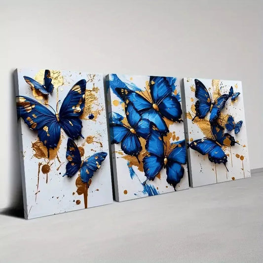 3pcs Vintage Blue Butterfly Abstract Minimalist Wall Art Set Canvas Framed 50x70cm - High Quality Print 100% Australian Made Wall Canvas Ready to Hang