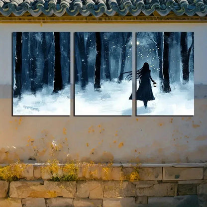 3pcs The Girl in the Forest Night Illustration Metal Print Ready to Hang Art - Bella Home Decor