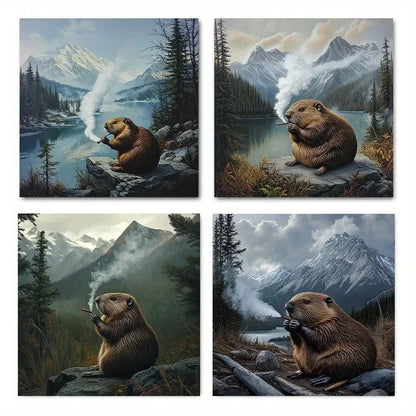 4pcs Beaver Smoking Cigar Vintage Abstract Wall Art Canvas Framed