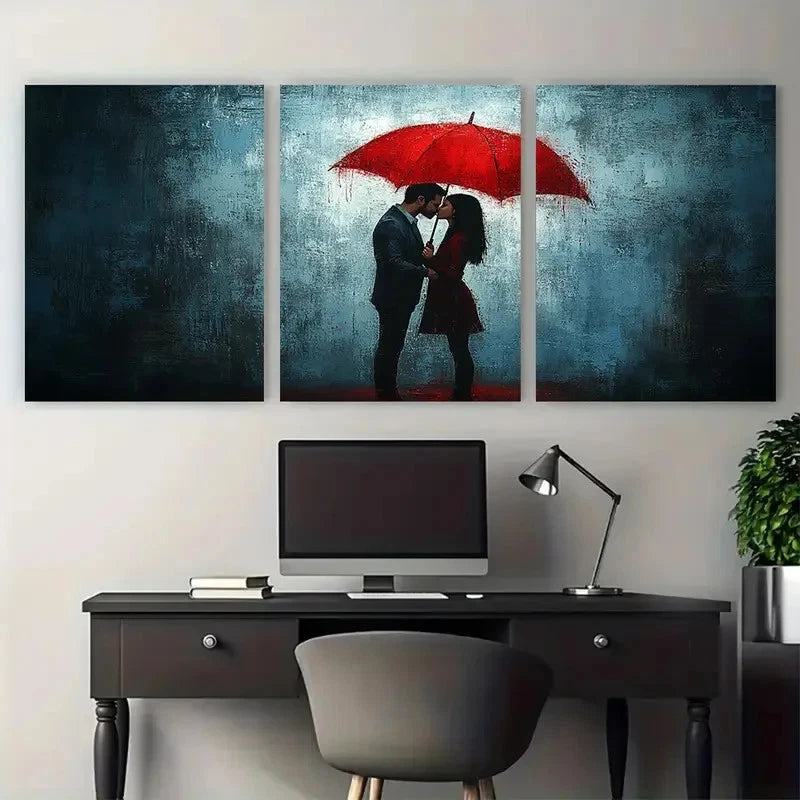 3pcs Romantic Couple Kissing Under Red Umbrella Wall Art Set Canvas Framed 40x60cm - High Quality Print 100% Australian Made Wall Canvas Ready to Hang