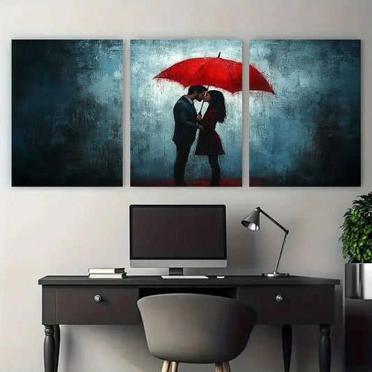 3pcs Romantic Couple Kissing Under Red Umbrella Wall Art Set Canvas Framed 40x60cm - High Quality Print 100% Australian Made Wall Canvas Ready to Hang