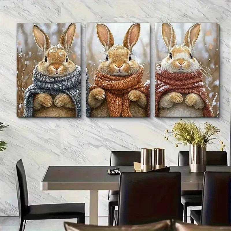 3pcs Autumn Rabbit Watercolor Metal Print Ready to Hang Art - Bella Home Decor