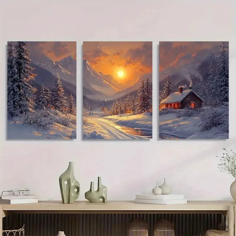3pcs Snowy Mountain Landscape Cozy Cabin Scene Metal Print Ready to Hang Art - Bella Home Decor