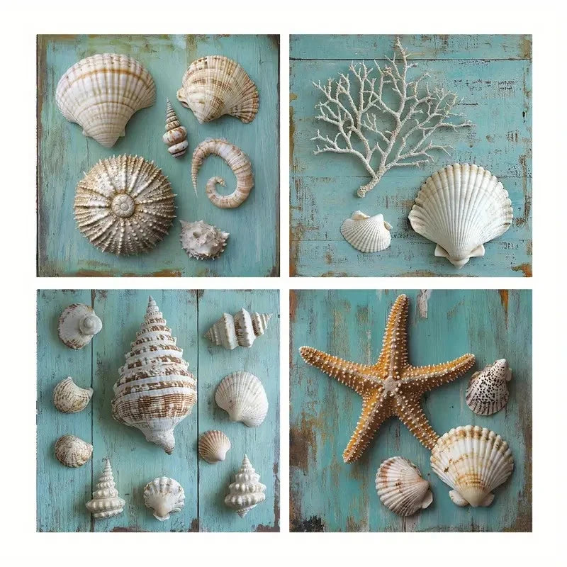 4pcs Sea Snail Poster, Starfish Wall Art Canvas Framed