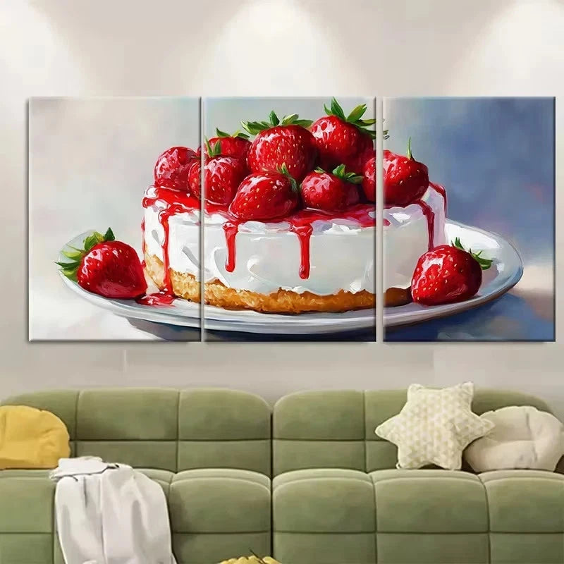 3pcs Strawberry Cake Impasto Wall Art Set Canvas Framed 40x60cm - High Quality Print 100% Australian Made Wall Canvas Ready to Hang