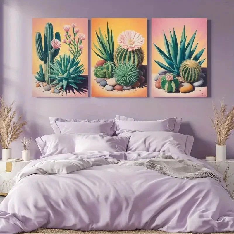 3pcs Cactus & Succulent  Prints with Pebble Wall Art Set Canvas Framed 50x70cm - High Quality Print 100% Australian Made Wall Canvas Ready to Hang - Bella Home Decor