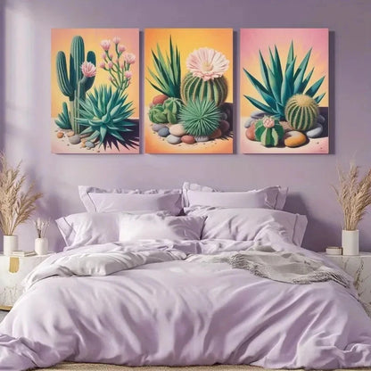 3pcs Cactus & Succulent  Prints with Pebble Wall Art Set Canvas Framed 50x70cm - High Quality Print 100% Australian Made Wall Canvas Ready to Hang - Bella Home Decor