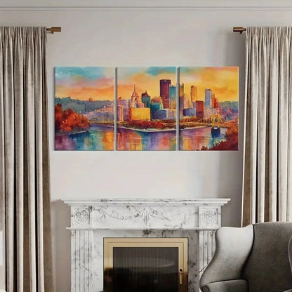 3pcs Watercolor Style Cityscape Bridge Over River Metal Print Ready to Hang Art - Bella Home Decor