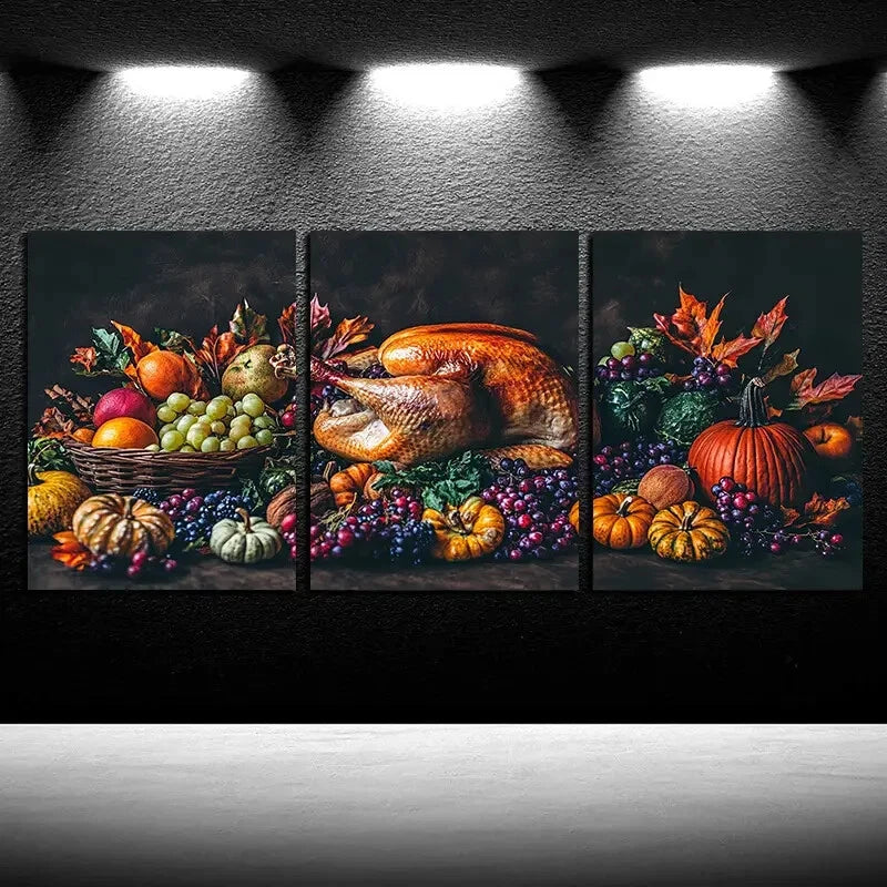 3pcs Vibrant Table Full of Food Illustration Metal Print Ready to Hang Art - Bella Home Decor