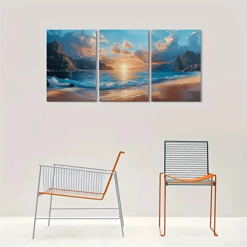 3pcs Ocean Waves & Rocky Shoreline Sunset Metal Print Ready to Hang Art