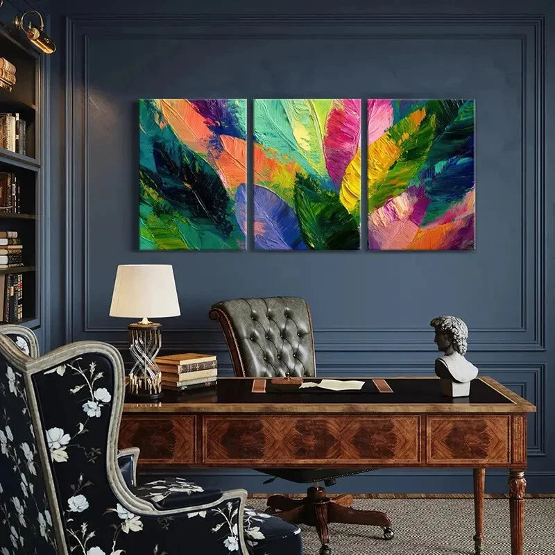 3pcs Abstract Feather Art Vibrant Colors Painting Metal Print Ready to Hang Art - Bella Home Decor