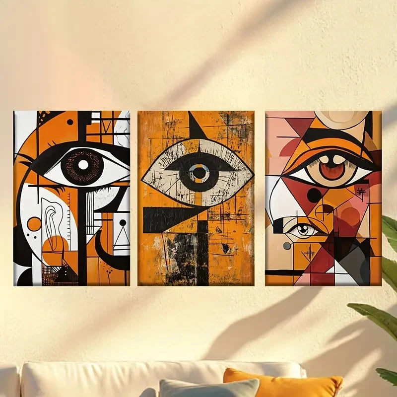 3pcs Seeing Eye Abstract Orange & Black Wall Art Set Canvas Framed 50x70cm - High Quality Print 100% Australian Made Wall Canvas Ready to Hang