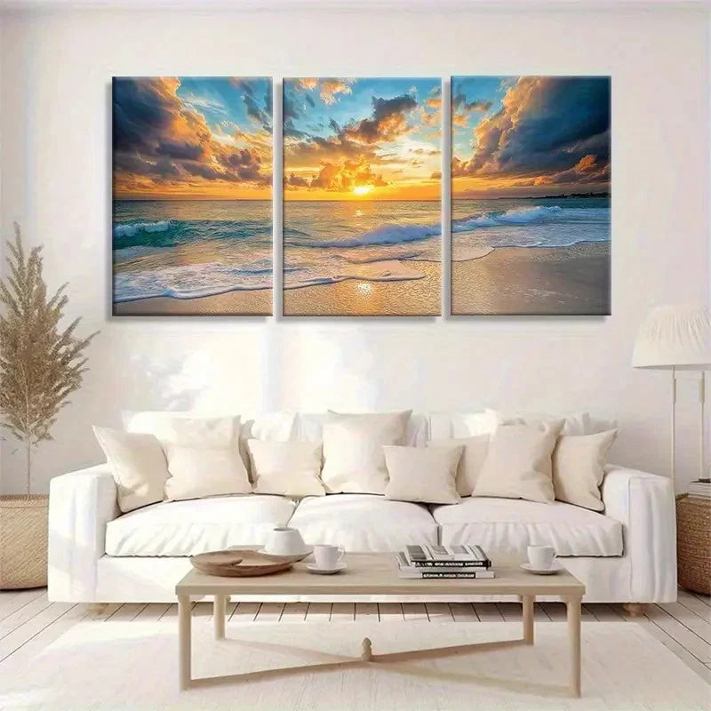 3pcs Coastal Ocean Sunset Golden Sky Gentle Waves Metal Print Ready to Hang Art - Bella Home Decor