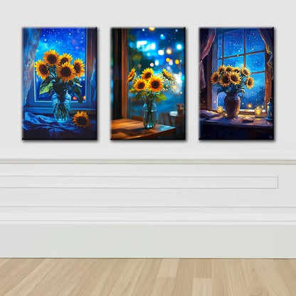 3pcs Sunflowers in a blue vase on a table Wall Art Set Canvas Framed 50x70cm - High Quality Print 100% Australian Made Wall Canvas Ready to Hang