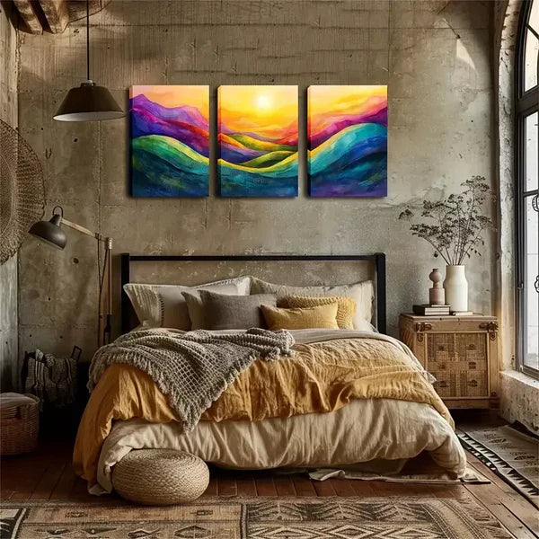 3pcs Abstract Mountain And Sunrise Wall Art Set Canvas Framed 60x90cm - High Quality Print 100% Australian Made Wall Canvas Ready to Hang - Bella Home Decor