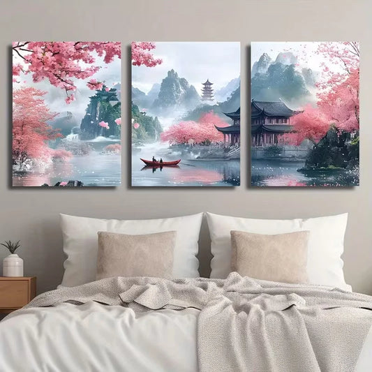3pcs Japanese Pagoda & Cherry Blossom Landscape Metal Print Ready to Hang Art