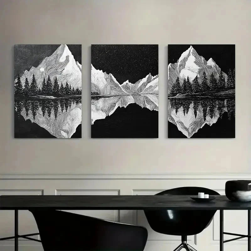 3pcs Snowy Mountains Black & White Abstract Metal Print Ready to Hang Art