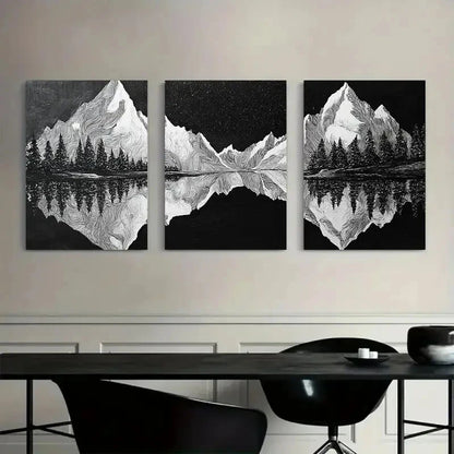 3pcs Snowy Mountains Black & White Abstract Metal Print Ready to Hang Art