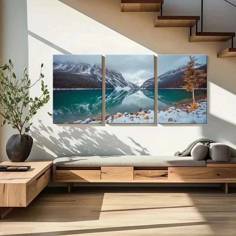 3pcs Snow Mountain Tree and Lake Modern Wall Art Set Canvas Framed 50x70cm - High Quality Print 100% Australian Made Wall Canvas Ready to Hang - Bella Home Decor