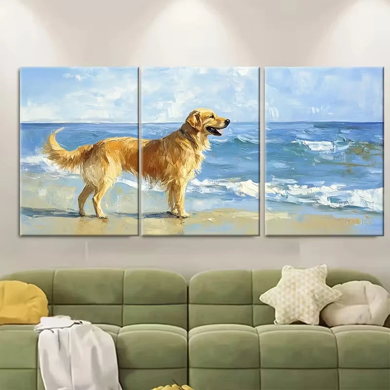 3pcs Golden Retriever at the Beach Metal Print Ready to Hang Art - Bella Home Decor
