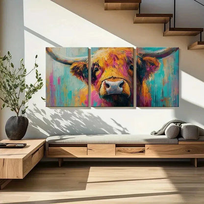3pcs Vibrant Highland Cow Art Colorful Abstract Metal Print Ready to Hang Art