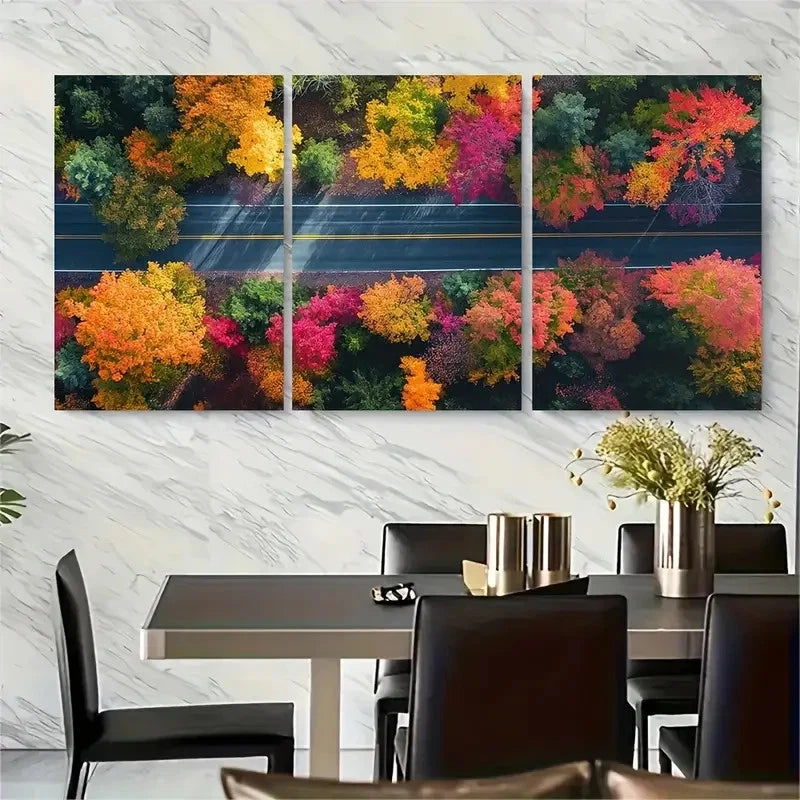 3pcs Country Road Through Autumn Foliage Metal Print Ready to Hang Art - Bella Home Decor