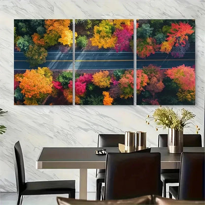 3pcs Country Road Through Autumn Foliage Metal Print Ready to Hang Art - Bella Home Decor