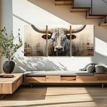 3pcs Vintage Horned Bull Cow Farmhouse Wall Art Set Canvas Framed 60x90cm - High Quality Print 100% Australian Made Wall Canvas Ready to Hang