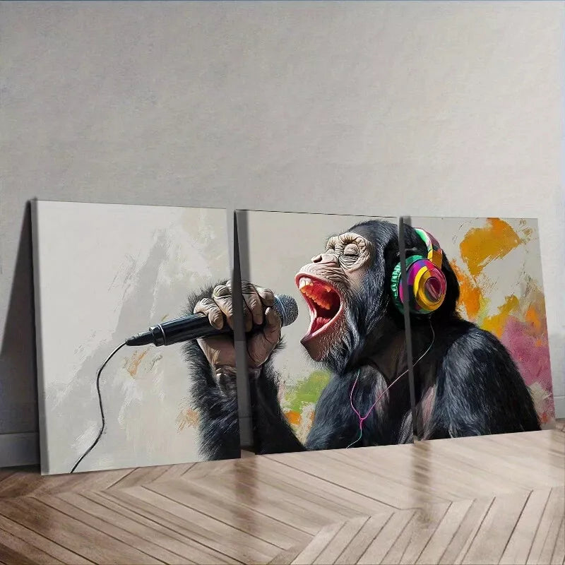 3pcs Featuring A Chimpanzee Holding A Mic Wall Art Set Canvas Framed 50x70cm - High Quality Print 100% Australian Made Wall Canvas Ready to Hang