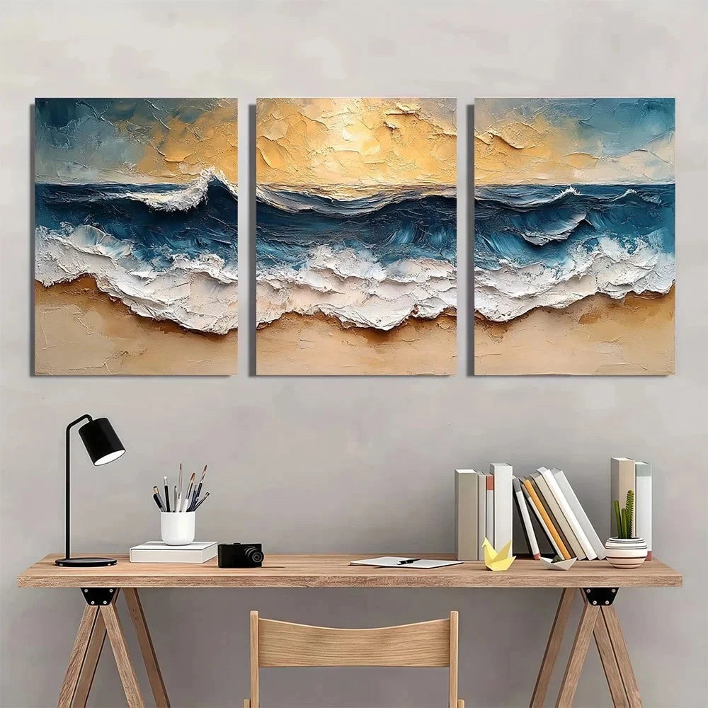 3pcs Abstract Ocean Wave Textured Metal Print Ready to Hang Art - Bella Home Decor