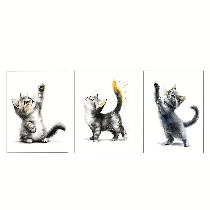 3pcs Playful Little Kittens Reaching The Sky   Wall Art Set Canvas Framed 50x70cm - High Quality Print 100% Australian Made Wall Canvas Ready to Hang