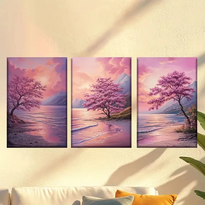 3pcs Sakura trees on the coast Wall Art Set Canvas Framed 40x60cm - High Quality Print 100% Australian Made Wall Canvas Ready to Hang