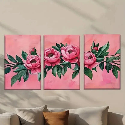 3pcs Pink Peonies with Green Leaves Wall Art Set Canvas Framed 50x70cm - High Quality Print 100% Australian Made Wall Canvas Ready to Hang