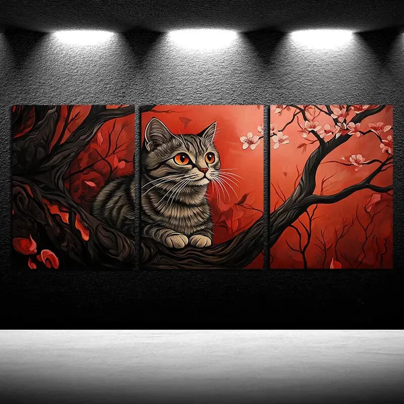 3pcs Charming Cat on Cherry Tree Metal Print Ready to Hang Art - Bella Home Decor
