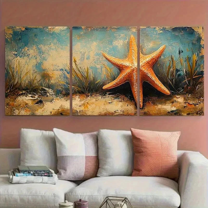 3pcs Starfish Rustic Illustration Metal Print Ready to Hang Art - Bella Home Decor