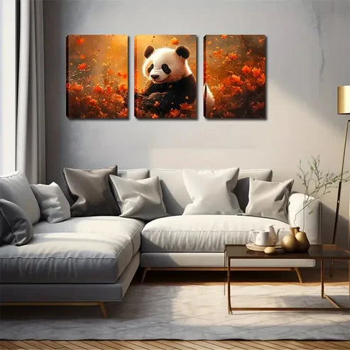 3pcs Vibrant Autumn Landscape, Panda & Floral Wall Art Set Canvas Unframed - High Quality Print 100% Australian Made Wall Canvas