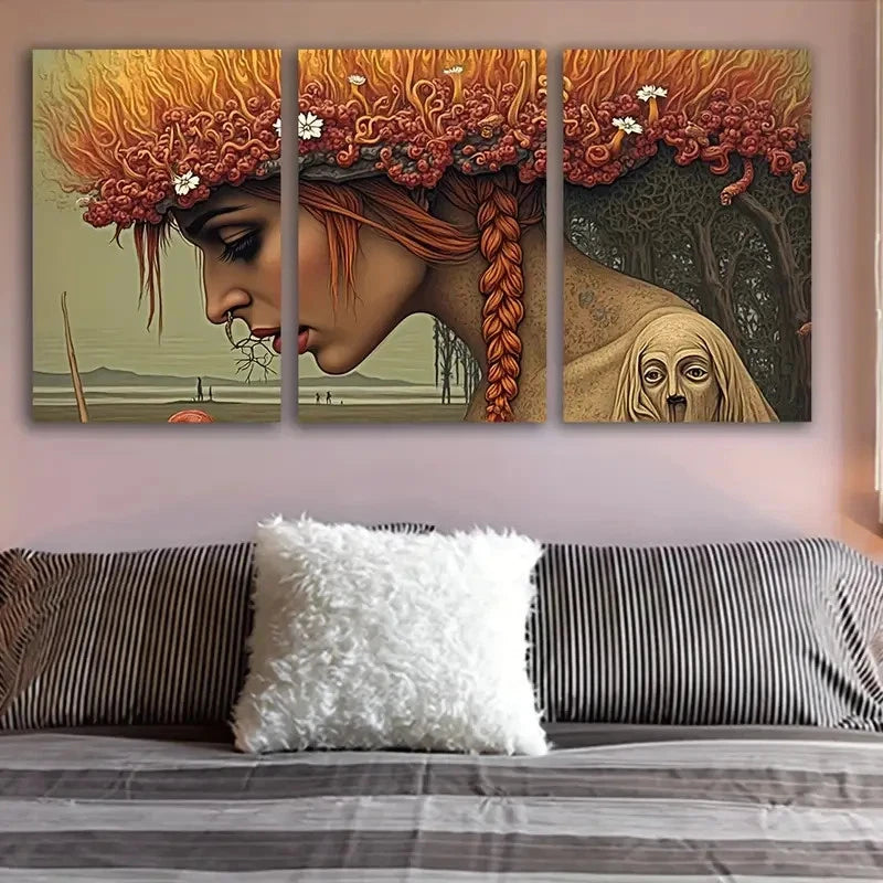 3pcs Red-Haired Woman Floral Design Wall Art Set Canvas Framed 50x70cm - High Quality Print 100% Australian Made Wall Canvas Ready to Hang