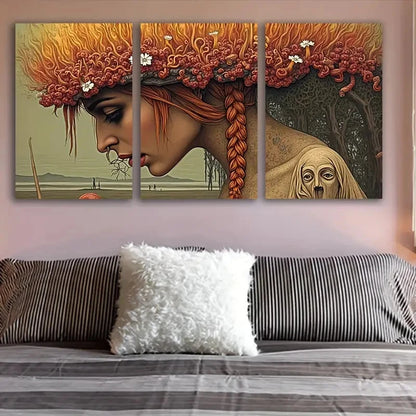 3pcs Red-Haired Woman Floral Design Wall Art Set Canvas Framed 50x70cm - High Quality Print 100% Australian Made Wall Canvas Ready to Hang