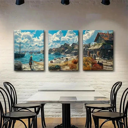3pcs Serene Fisherman's Shoreline Scene Boats Wall Art Canvas Unframed - High Quality Print 100% Australian Made Wall Canvas