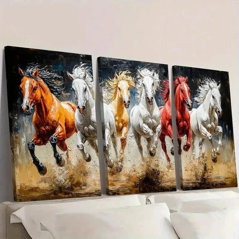 3pcs Vintage White Brown Red Running Horses Wall Art Canvas Unframed - High Quality Print 100% Australian Made Wall Canvas