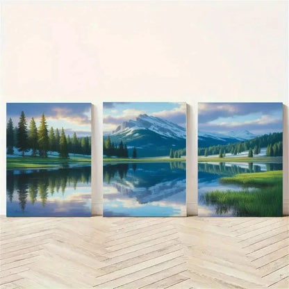 3pcs Mountains, Pine Trees, Lake, Reflection Wall Art Set Canvas Framed 60x90cm - High Quality Print 100% Australian Made Wall Canvas Ready to Hang - Bella Home Decor