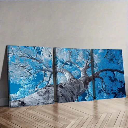 3pcs Vibrant Blue Poplar Tree with Sunlit Leaves Wall Art Set Canvas Unframed - High Quality Print 100% Australian Made Wall Canvas