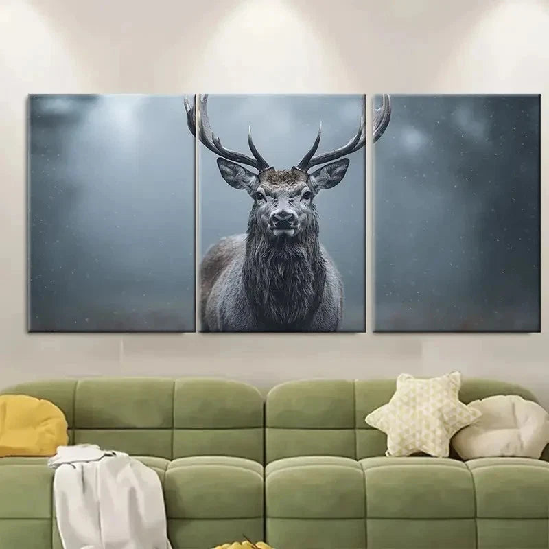 3pcs Misty Forest Stag Greyscale Wildlife FI  Wall Art Set Canvas Framed 60x90cm - High Quality Print 100% Australian Made Wall Canvas Ready to Hang