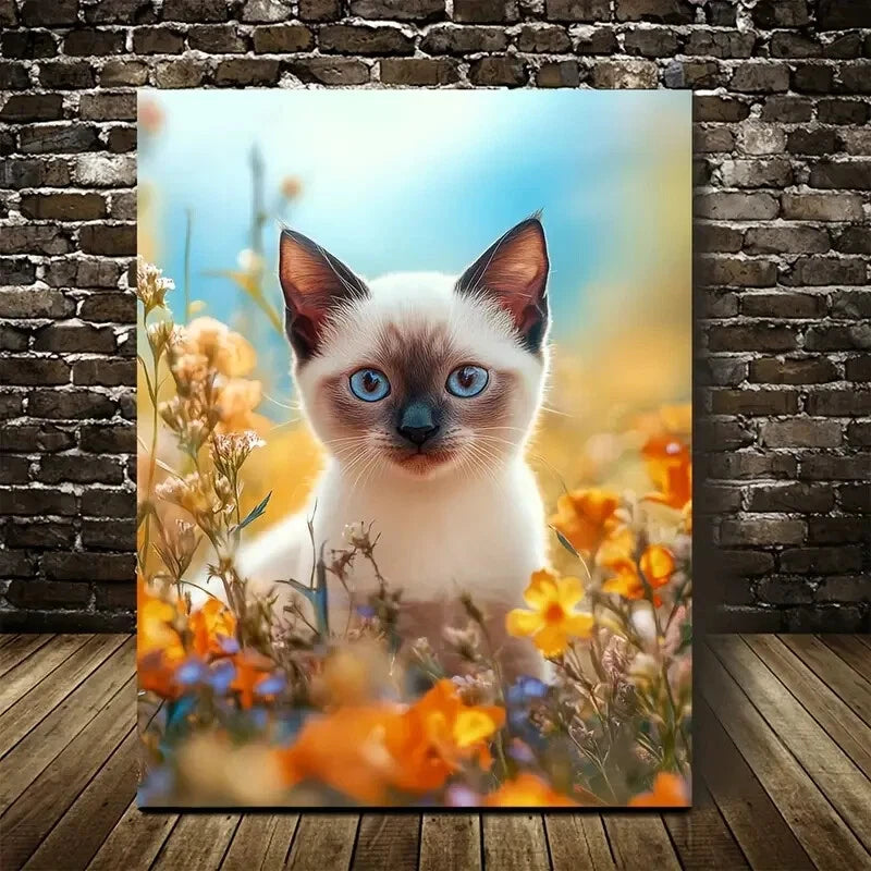 Flowers And Plants Cute Siamese Kitten Painting 40x60cm Metal Print Ready to Hang