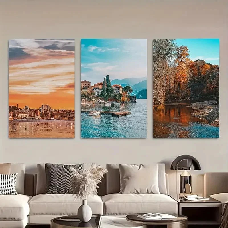 3pcs Waterfront Scenery with Boats Metal Print Ready to Hang Art