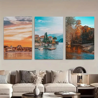 3pcs Waterfront Scenery with Boats Metal Print Ready to Hang Art