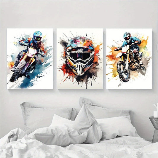 3pcs Bike Motorcycle Motocross Watercolor Metal Print Ready to Hang Art