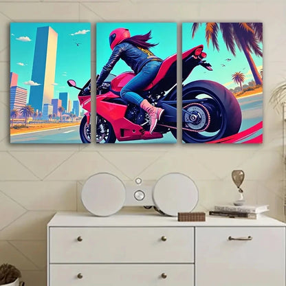 3pcs Motorcycle Cityscape Wall Art Set Canvas Framed 60x90cm - High Quality Print 100% Australian Made Wall Canvas Ready to Hang
