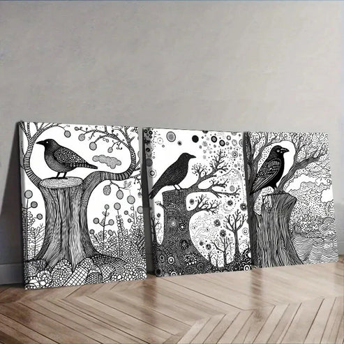 3pcs Black & White Nature Scene Intricate Tree Wall Art Set Canvas Unframed - High Quality Print 100% Australian Made Wall Canvas - Bella Home Decor